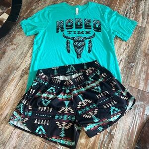 Teal Rodeo Time T-Shirt and Tribal Print Shorts Set